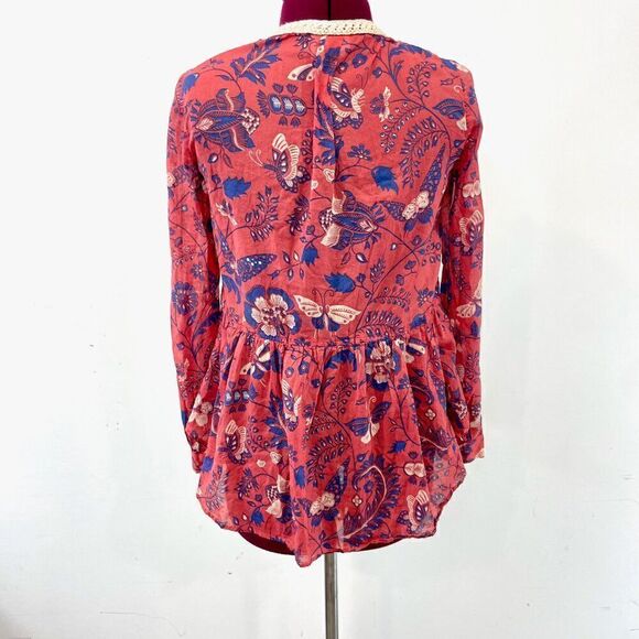 Maeve Anthropologie Abella Floral Butterfly Blouse Size 2 Roll Tab Long Sleeve - Picture 3 of 8